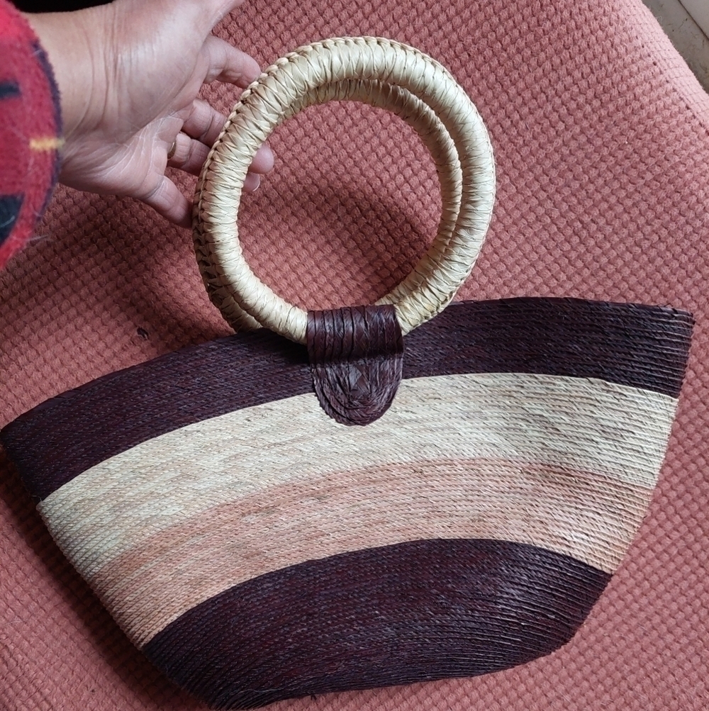 Vintage 80s Ombre Tri-Coloured Striped Straw Satchel Bag